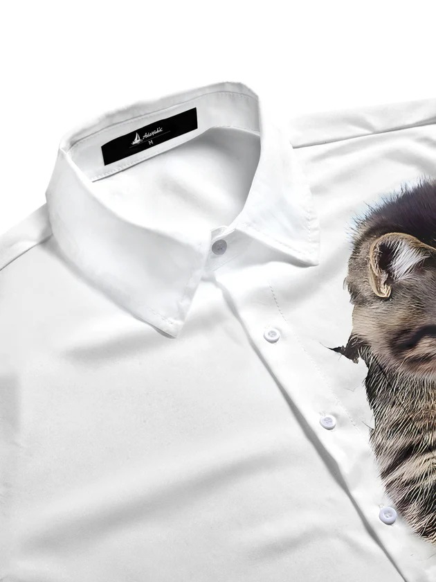 Cat Print Men's Pocket Long Sleeve Shirts