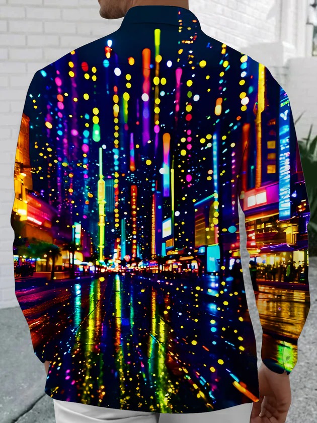 Psychedelic Colorful Neon City Street SceneMen's Pocket Long Sleeve Shirts