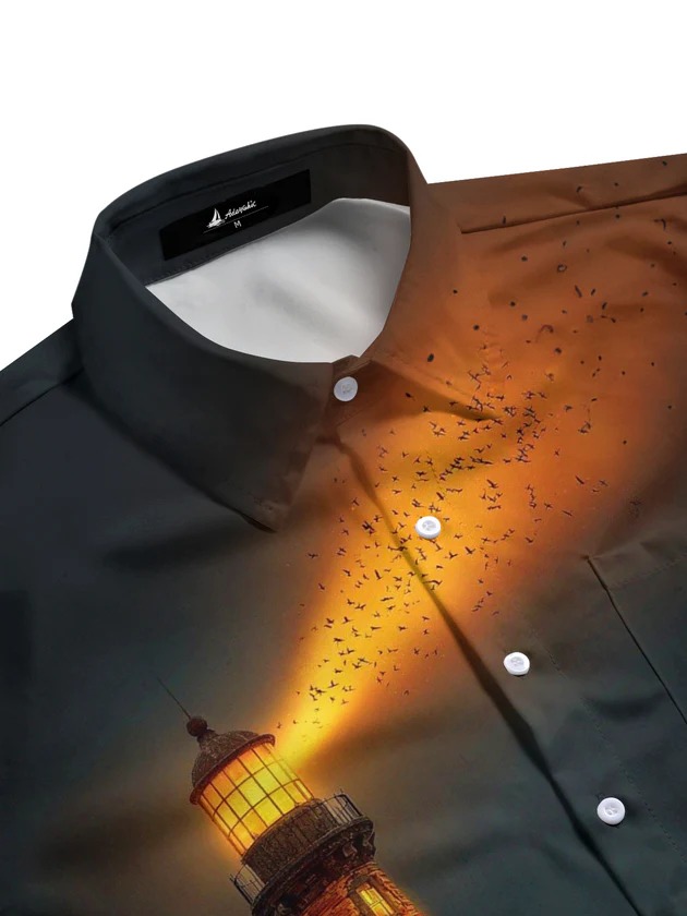 Lighthouse Print Men's Pocket Long SleeveShirts