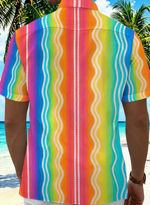 Pride Month Colorful Wavy Stripes Geometry Men's Pocket Short Sleeve Shirts
